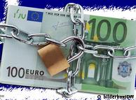 100 euro bills tied with chain and lock against background of the greek flag