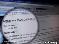 A computer screen, with a magnifying glass in front of it, highlighting the beginning of WikiLeaks' so-called 'Afghan War Diary'