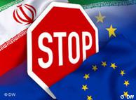 The EU and Iranian flag with a stop sign