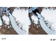 (l.) Photo of the Petermann Glacier taken on July 28, 2010. The photo (r.) was taken one week later on August 5, 2010