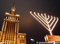A menorah in front of Warsaw's Palace of Culture