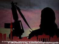 Illustration shows a shadow of a hooded man with an assault rifle and outlines of Berlin landmarks