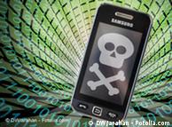 Cellphone with skull and crossbones symbolizing data theft