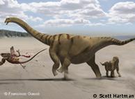 An illustration shows a dinosaur kicking another dinosaur