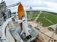 Space Shuttle Atlantis is seen on the pad at the Kennedy Space Center at Cape Canaveral