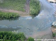 Vista aérea mostra mancha de petróleo, que atinge até a água que moradores bebem